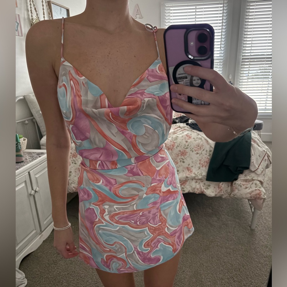 Beginning Boutique Pink and Blue Swirl Mini Dress